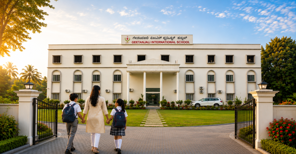 Students walking into an international school campus in East Bangalore on a sunny morning