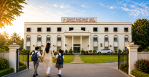 Students walking into an international school campus in East Bangalore on a sunny morning