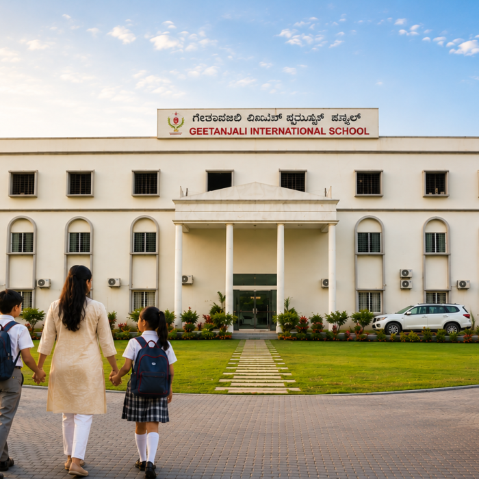 Students walking into an international school campus in East Bangalore on a sunny morning