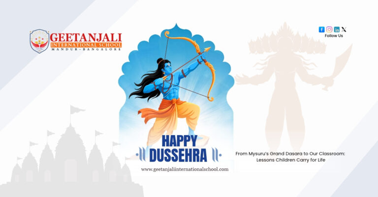 Students of Geetanjali International School Mandur celebrating Dussehra with a festive school activity
